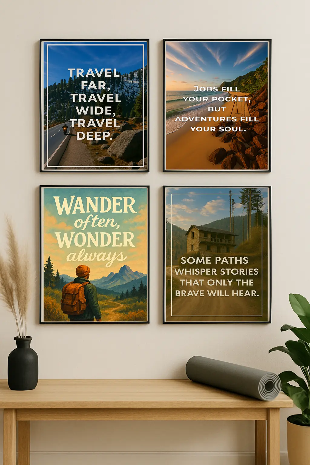 Travel posters featuring iconic landmarks and inspiring quotes, ideal for wall decor in home, office, or travel-themed spaces